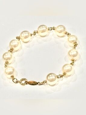 Vintage Signed Napier Gold Tone Faux Pearl Station Link Bracelet - 7.5” Long